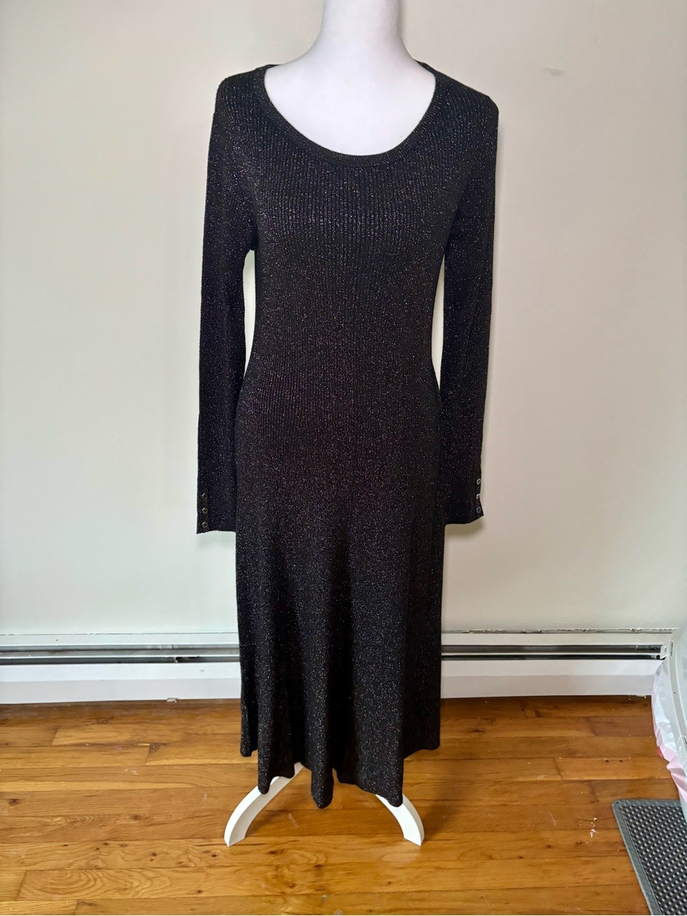 Black Metallic Knit Long-Sleeve Scoop Neck Dress size S
